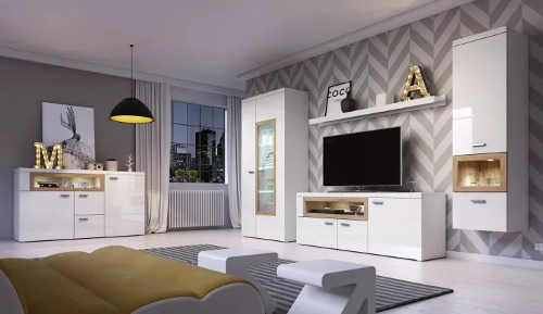 Moderní obývací pokoj bílý lesk se závěsnou vitrínou